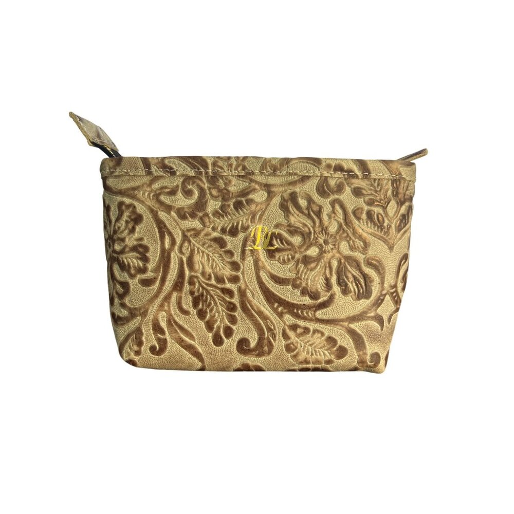 Blythe Leonard Tooled Leather Makeup Pencil Bag Zip Top Handmade USA 5.5" x 4"